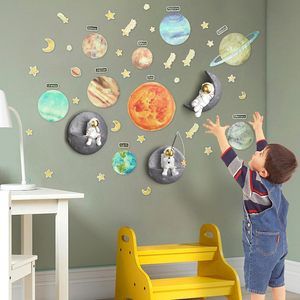 46pcs Astronauts Wall Sculptures Decor And Space Stickers, Boys Room Decor👌